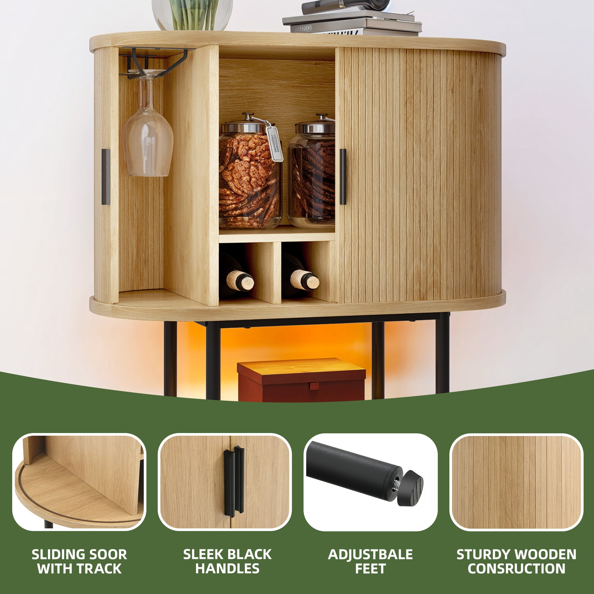 Uforic Sideboard Buffet Cabinet with 2 Sliding Tambour Doors, Modern Storage Cabinet with LED Light, Oak