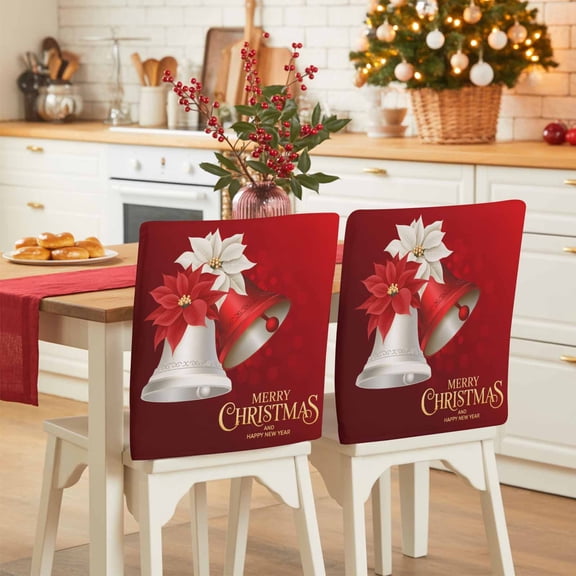 Christmas Bell Chair Covers Set of 4 Red White Xmas Bells Poinsettia Floral Modern Chair Back Covers Stretch Removable Washable Slipcovers Protector for Dining Room Kitchen Party Decor