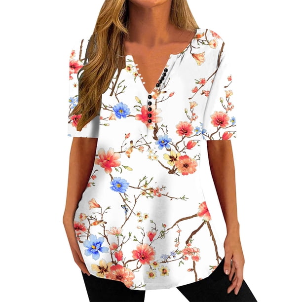 Gibobby Casual Playera de Manga Corta para Mujer Camiseta manga corta con estampado color degradado y cuello en V suelto moda informal para mujer(Blanco,G)