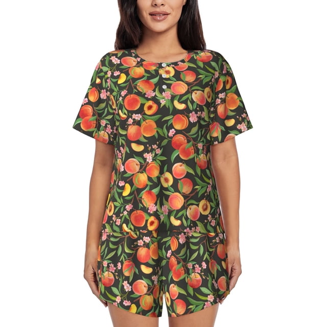Balery Fruits Peach Conjunto de Pijama para Mujer con Estampado, Dos Piezas de Manga Corta y Shorts, Ropa de Dormir Suave con Cuello Redondo y Bolsillos-Small
