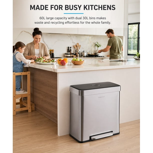 Step N' Sort 60L Dual Trash & Recycling Bin – 2 x 30L Kitchen