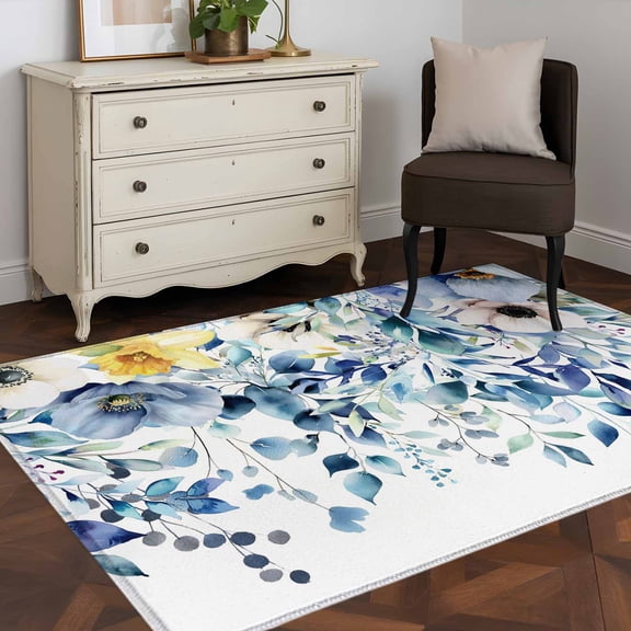 Area Rug 48×72in, Blue Eucalyptus Farm Blossom Floor Carpet Living Room Rug, Pastoral Foliage Flower Non-Slip Welcome Mat Indoor Rugs for Bedroom Dining Room