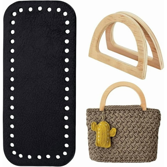 Crochet Bag Making Kit 7x3 inch PU Leather Bag Bottom Black Cushion Pad with 2pcs 4.7x3.3 inch D Shape Wooden Purse Handles for DIY Knitting Bags Handbag Shoulder Bags Making