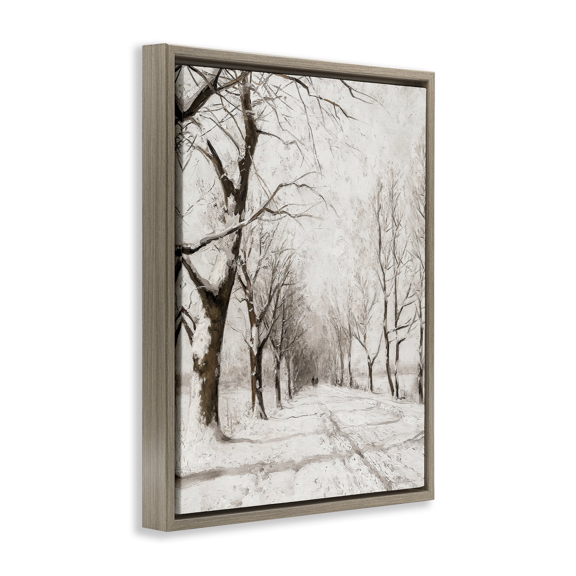 Stupell Industries Snowy Winter Lane Landscape Painting Brown Floater Framed Art Print Wall Art, 17 x 21