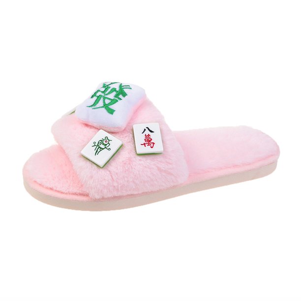 Zapatillas de felpa para niña Mahjong, zapatillas de algodón para exterior de mujer, cálidas y cómodas para otoño e invierno