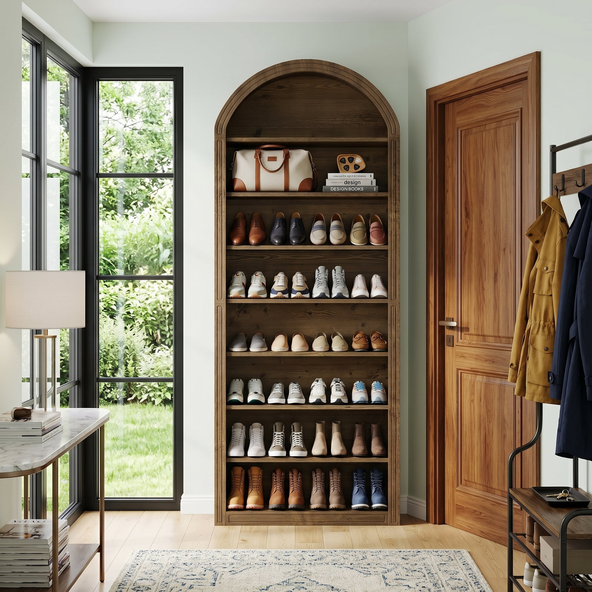 Fnova 79.5" Arched Shoe Storage Cabinet, 8-Tier Wooden Shoe Organizer Rack for 35 Pairs, Adjustable Shelves, Brown