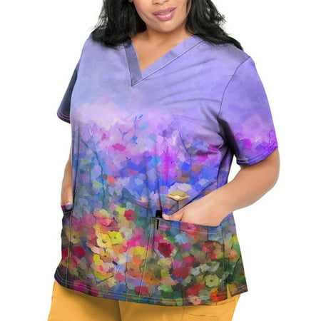 

Sksloeg Scrub Tops for Women Vintage Flower Printed Short Sleeve V-Neck Lightweight Easy Fit Shirts Tee Tops with Pockets Light Purple XXXL