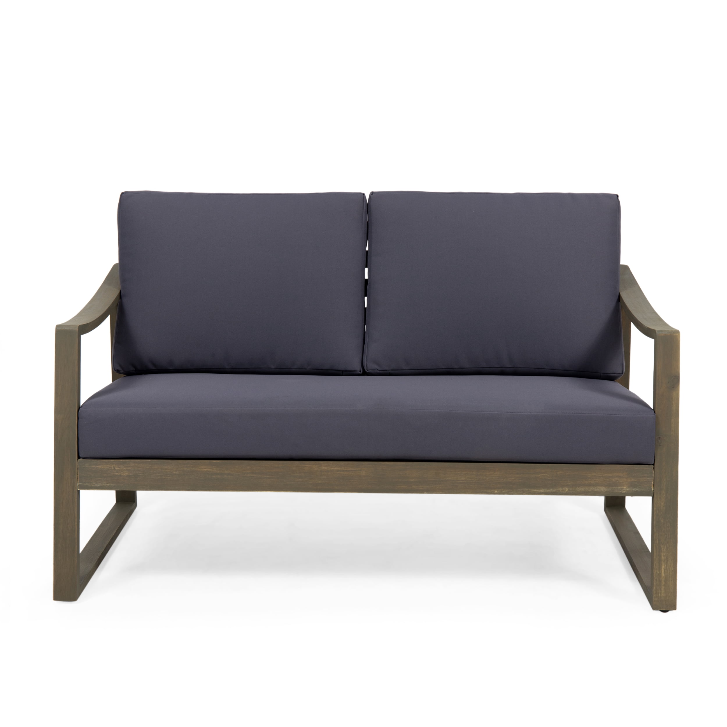 Outdoor Coffee Table and Double Sofa Combination Set, Acacia Wood Frame Leisure Furniture for Patio Garden, Gray and Dark Gray