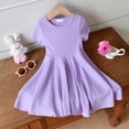 thumbnail image 4 of lnmuld Girls' Short Sleeve Rib Knit Solid Color Dress Toddler Kids Summer Casual Party Comfortable Outfit Color:Purple,Size:6-7 Years, 4 of 5