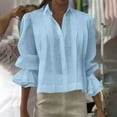 thumbnail image 2 of Lenpel Button down Shirts for Women Ruffle Long Sleeve Collared Pleated Cotton Linen Tops Dressy Casual Blouses(Light Blue,X-Large), 2 of 6