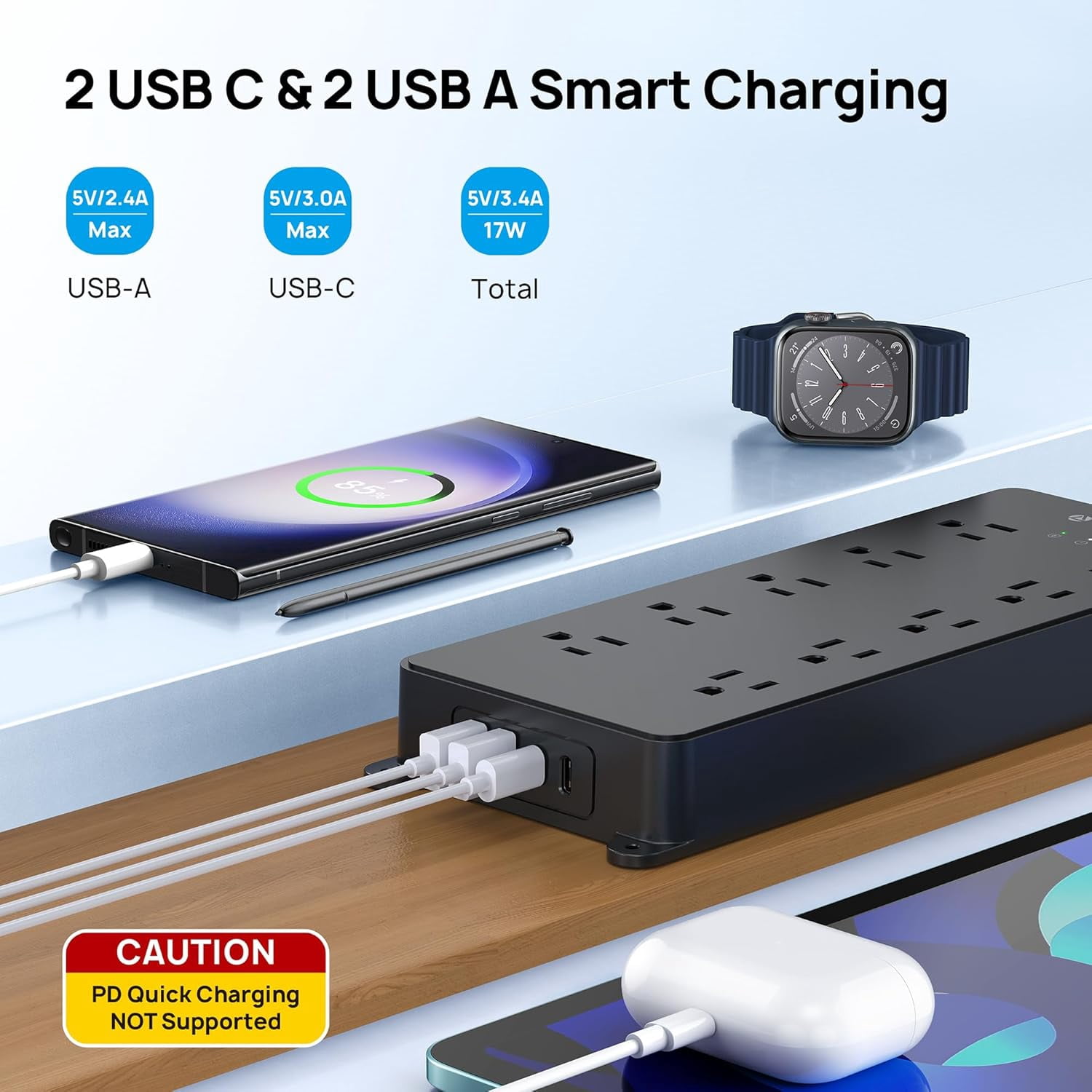 TROND Power Strip Surge Protector, ETL Listed, Flat Plug 15ft Long Extension Cord, 10 Widely Spaced AC Outlets, 2 USB A & 2 USB C Ports, 4000J, Wall Mount/Screw On, Under Desk/Cabinet/Counter, Black