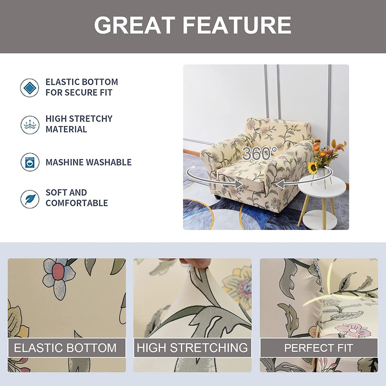 CHUNTIAN Couch Cover Chair Covers Printed Sofa Covers 2-Piece Stretch Armchair Sofa Couch Slipcover Sectional Couch Covers for Sofa Furniture Protector with Non Slip Elastic Bottom for Living Room