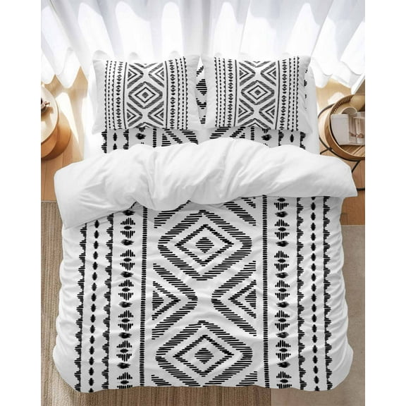 Black White Bohemian Bedding Duvet Cover Set Queen Size 4 Pieces Vintage Farmhouse Abstract Tribe Bedding Set with Zipper Closure, 1 Comforter Cover 90x92 Inches 1 Flat Sheet & 2 Pillow Cases