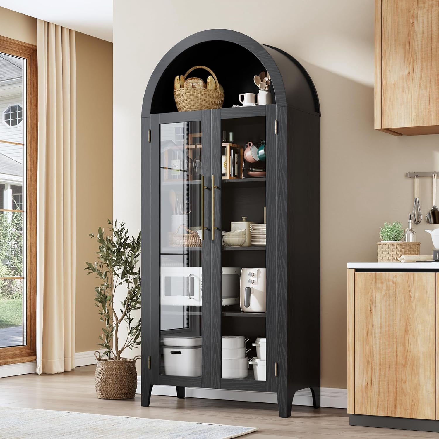 Memoryfield Farmhouse 5 Tier Bookcase Display Shelf, with Adjustable Shelf and 2 Large Glass Doors, Arched Kitchen Pantry Cabinet, Versatile Storage Cupboard, Black