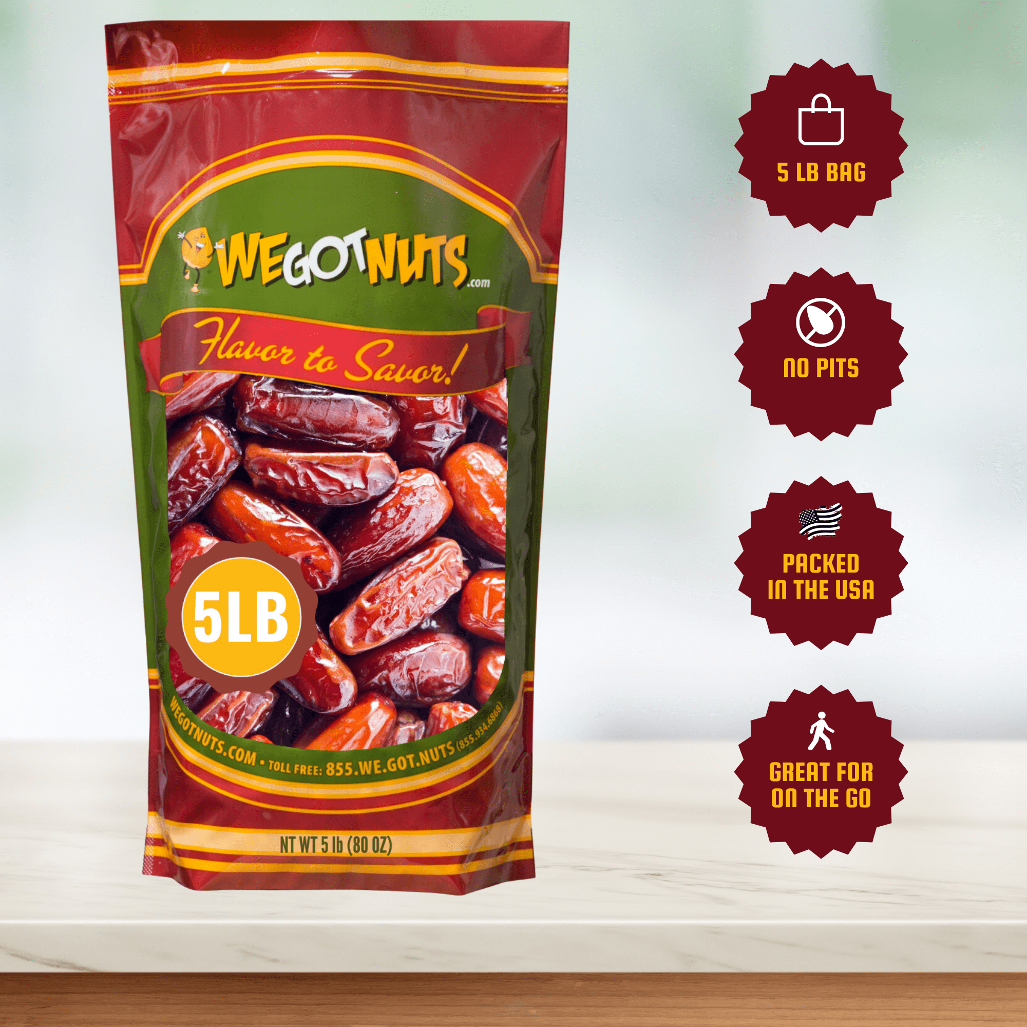We Got Nuts Pitted Dates, Sweet Chewy Dried Fruit Snack, Kosher, 5 lb, 80 oz, Resealable Bag