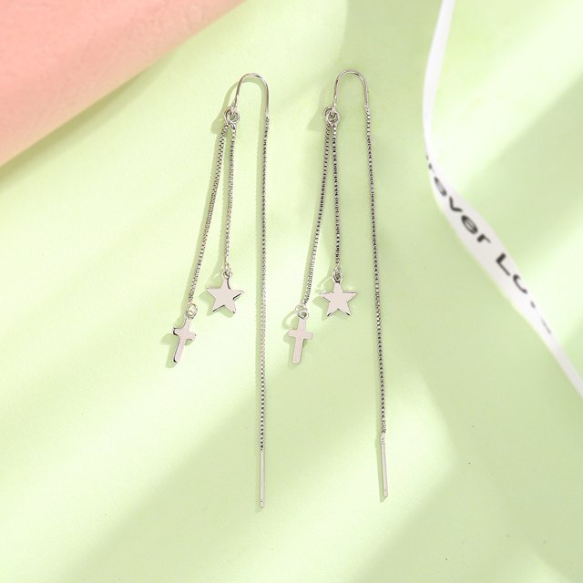 Pendientes largos con forma de luna y estrella y cadena para la oreja con cara delgada, elegantes pendientes de estilo coreano para mujer con borlas y forma de luna y estrella hueca
