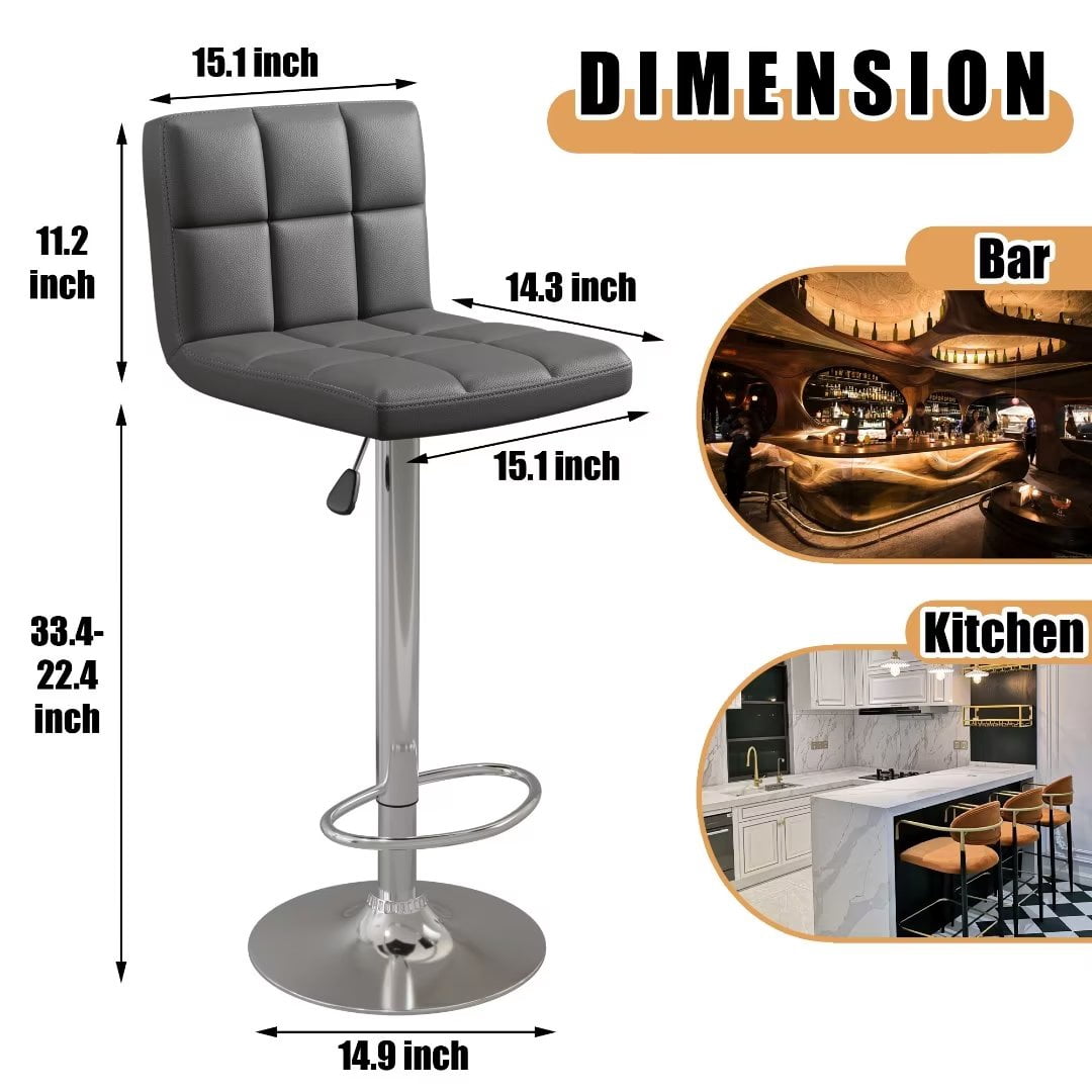 Vineego Modern Square PU Leather Swivel Adjustable Bar Stool, Set of 2, Bar Stool for Kitchen Counter (Black)
