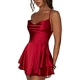 thumbnail image 3 of Women Y2k Backless Short Romper Satin Mini Dress Cowl Neck Tie Ruffle Layer Spaghetti Strap Jumpsuit, 3 of 7