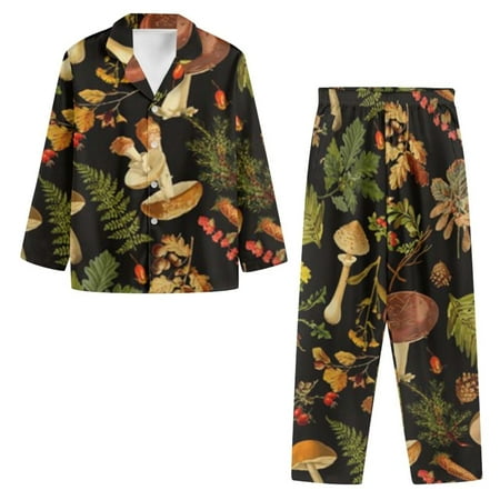

NETILGEN Retro Aesthetic Mushroom Thermal Button Pajamas for Women Cotton 2 Pack Snug-Fit V-Neck Button Pajamas for Women Set Big Pockets Leisure Button Pjs for Women Set Long