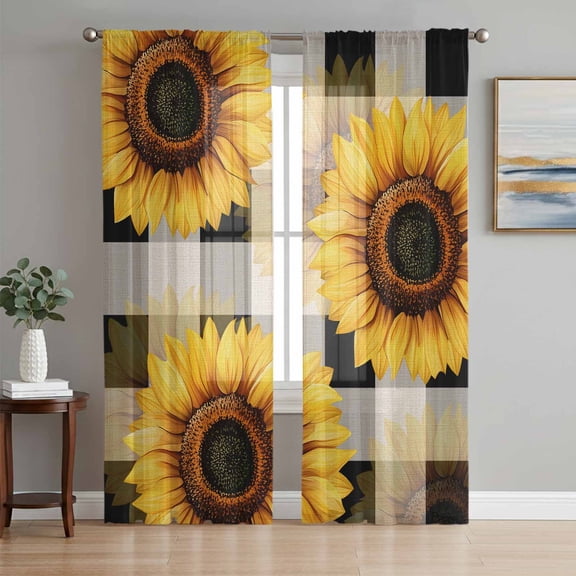 Yellow Sunflower Sheer Curtains 63 Inch Length 2 Panels Set, White Black Checkered Retro Art Voile Window Treatment Rod Pocket Curtains Sheers Drapes for Bedroom/Living Room/Kitchen 52x"63"x2