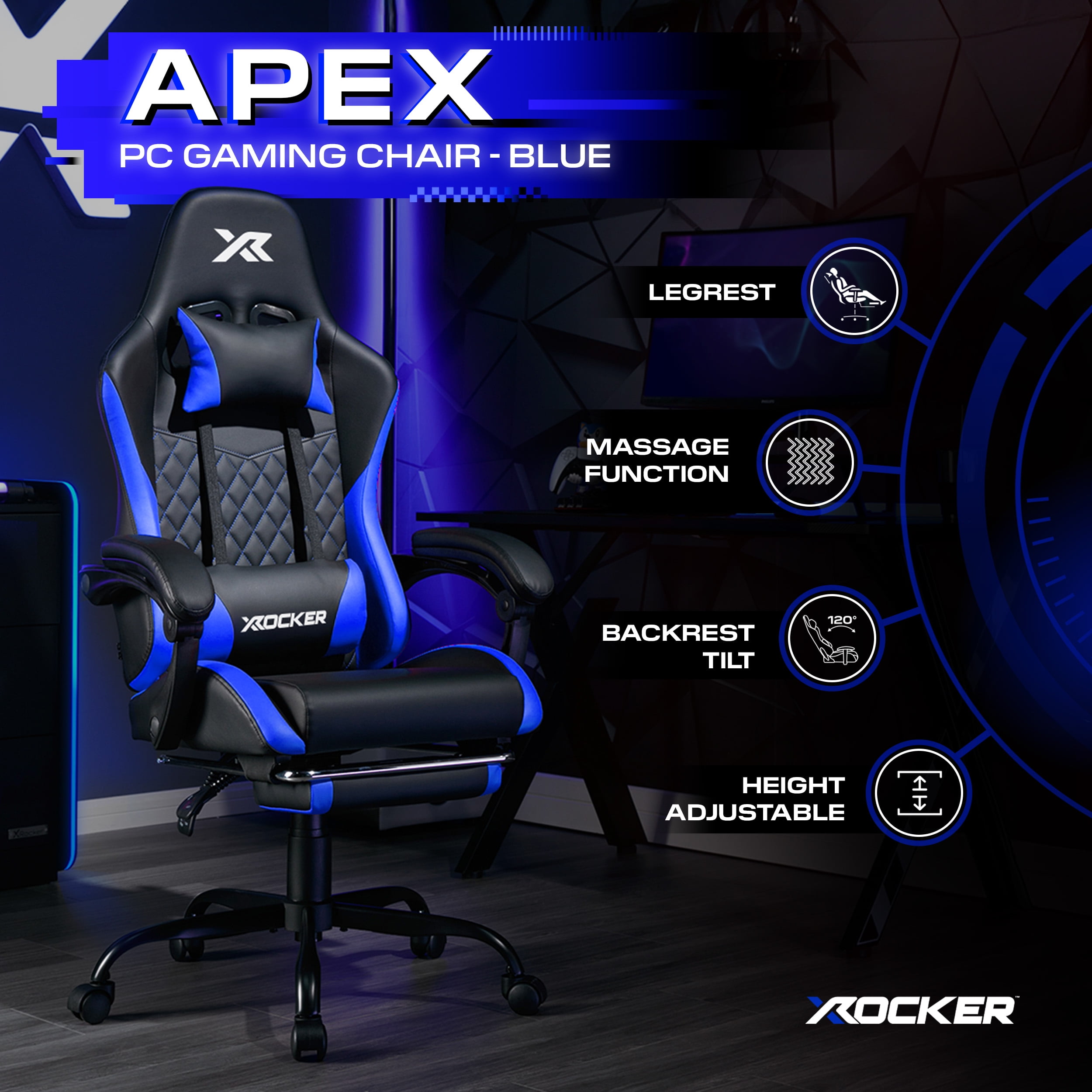 X Rocker Apex PC Gaming Chair with Massage Function and Footrest, Blue