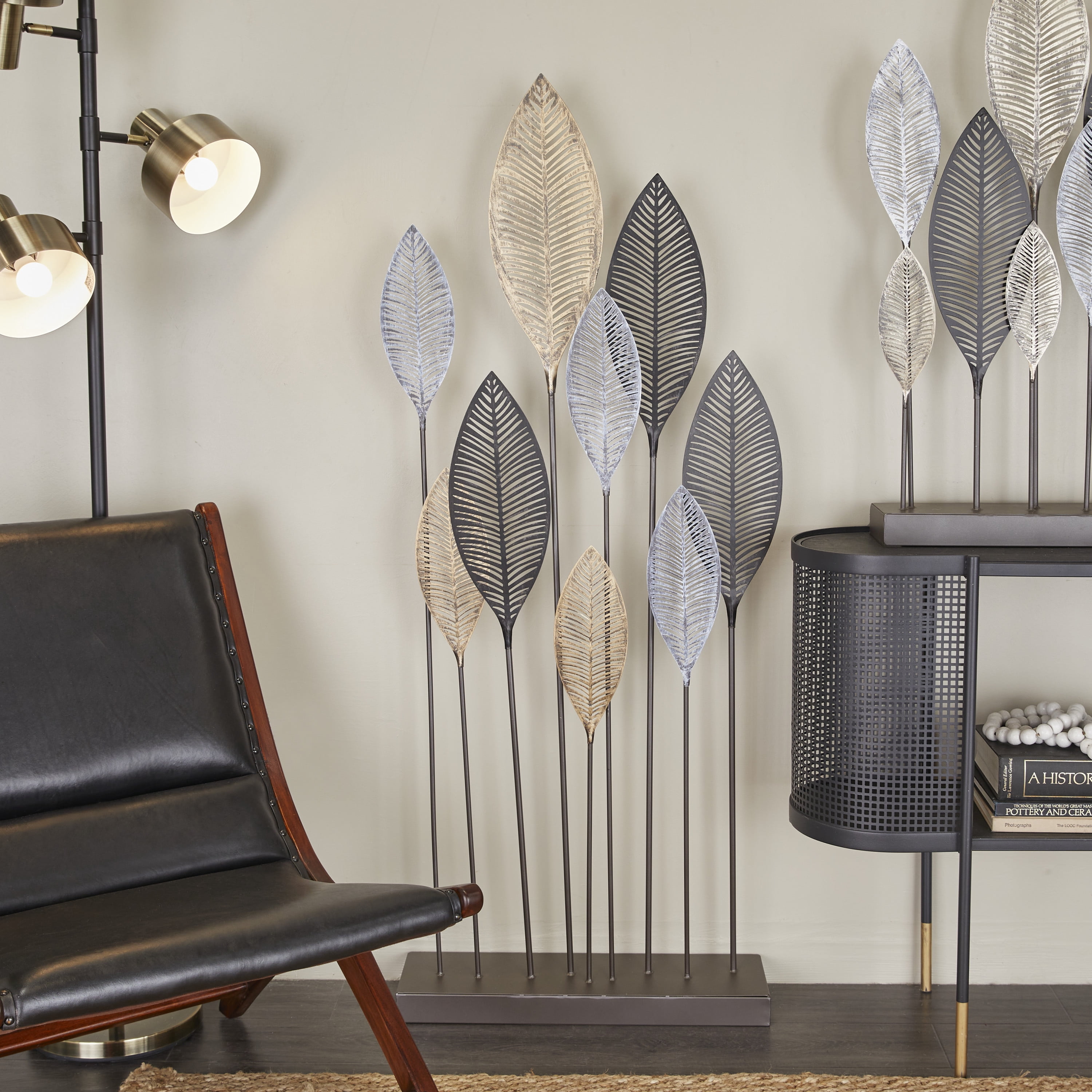 24" x 60" Bronze Metal Leaf Sculpture with Black Base, by DecMode