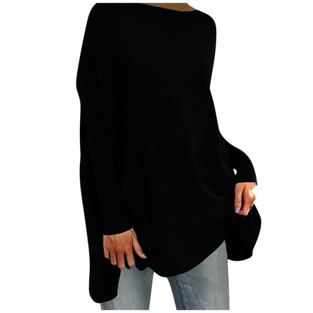 Scyoekwg Long Sleeve Tee Shirts for Women Fall Fashion Tunic 2022 Fashion Tops Long Sleeve Pullover Round Neck Dressy Casual Tops Loose Fit Blouses Fall Classic Solid Color Black L