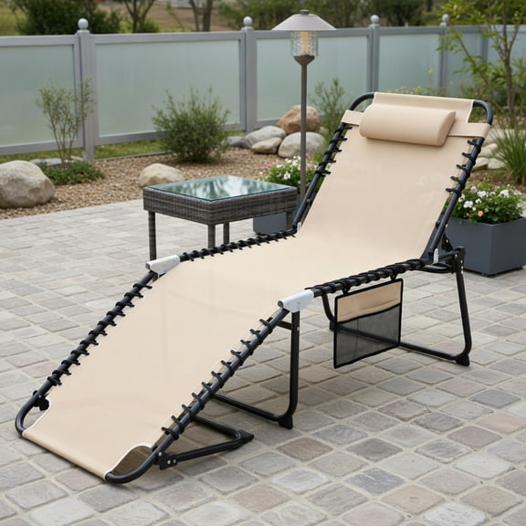 GVN Patio Lounge Chair,Outdoor Chaise Lounge Chair,4 Position Folding Lounge Chaise with Adjustable Backrest and Footrest-Beige