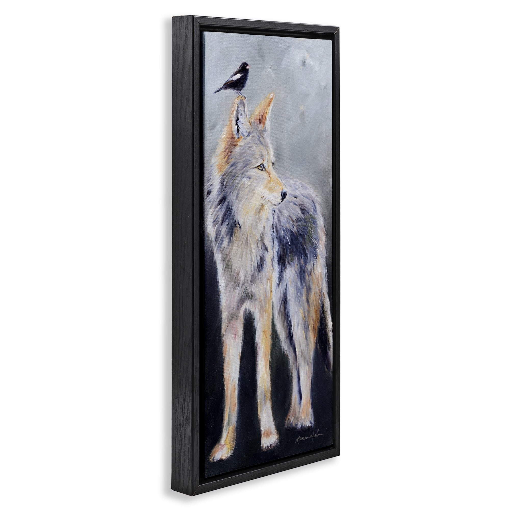 Stupell Industries Wild Coyote & Black Bird Animals & Insects Painting Black Floater Framed Canvas Art Print Wall Art, 15 x 31