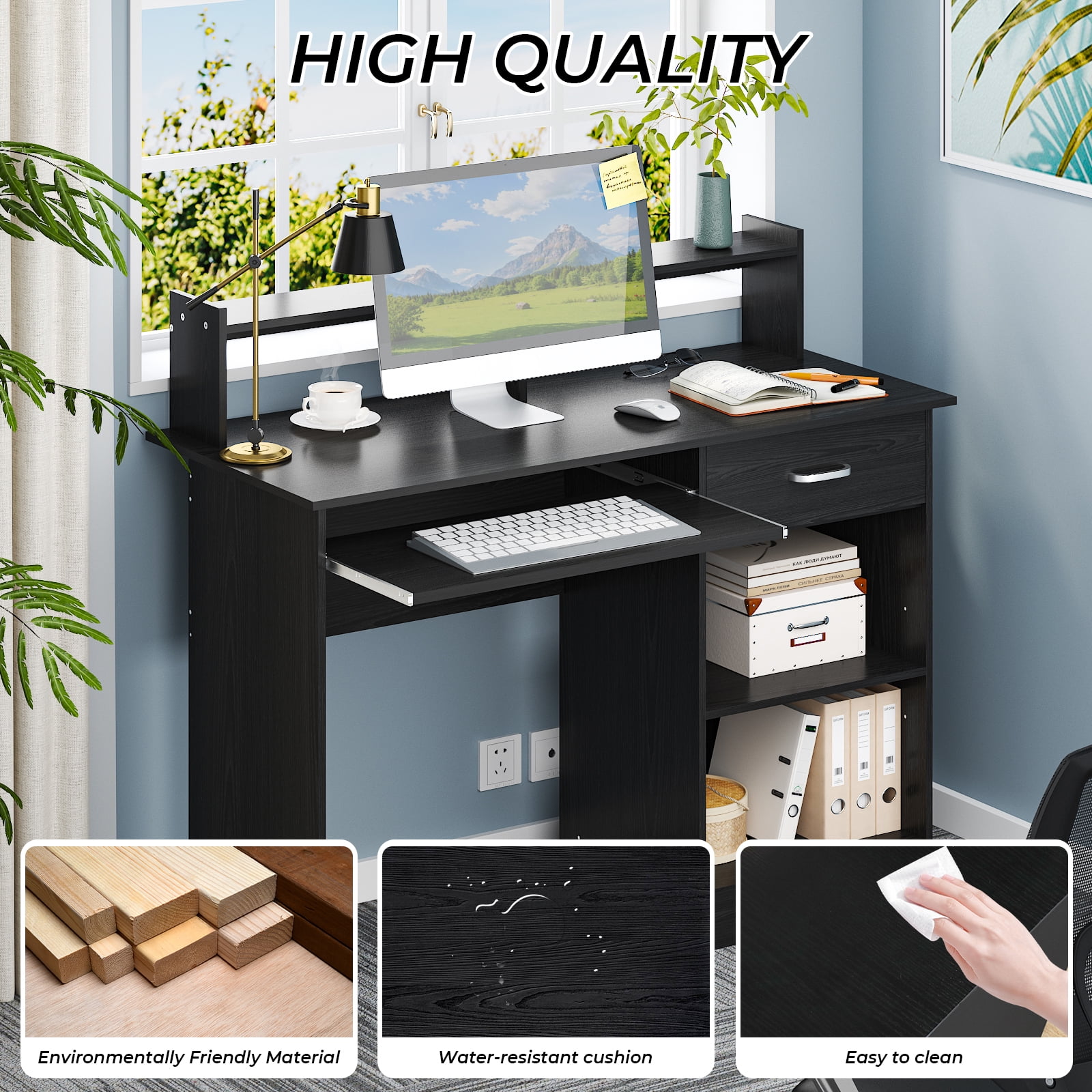 Ktaxon Wood Computer Desk Office Black Laptop PC Work Table Home Drawer & Keyboard Tray