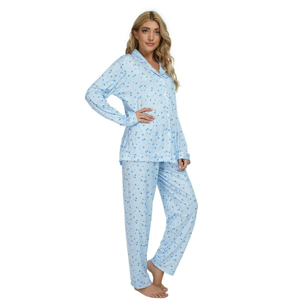 MintLimit Women's Pyjama Sets Soft Ladies Pjs Floral Long Sleeve Button  Down Sleepwear for Women Loungewear Nightwear Blue XXL
