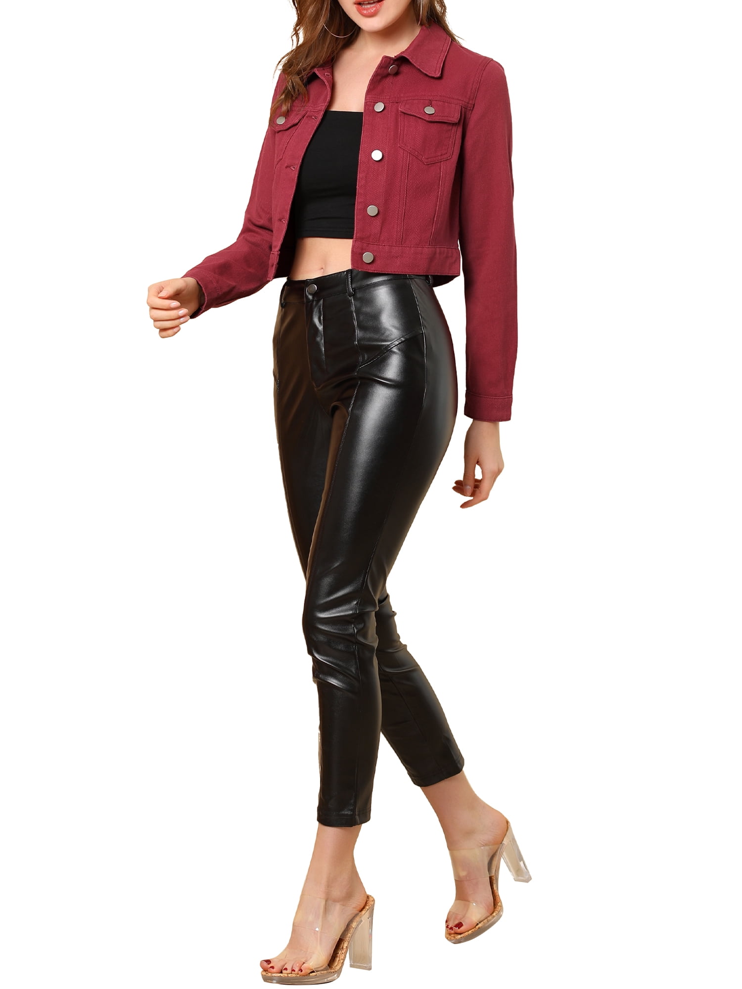 DARING DIVA Women's Button Down Long Sleeve Cropped Denim Jacket L Wine Red