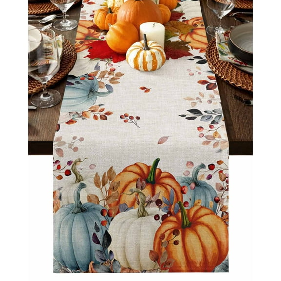 Fall Table Runner Thanksgiving Orange Blue Pumpkin Table Runners Berry Eucalyptus Leaf Linen Cotton Linen Dresser Scarf Kitchen Dining Table Decor for Fall Holiday Party Decor 13x90 Inch