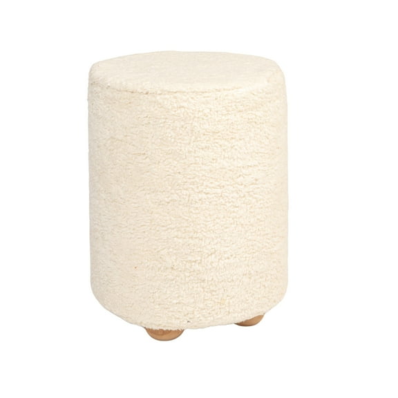 Bloomingville Round Sherpa Upholstered Pouf with Pine Wood Feet, Cream and Natural