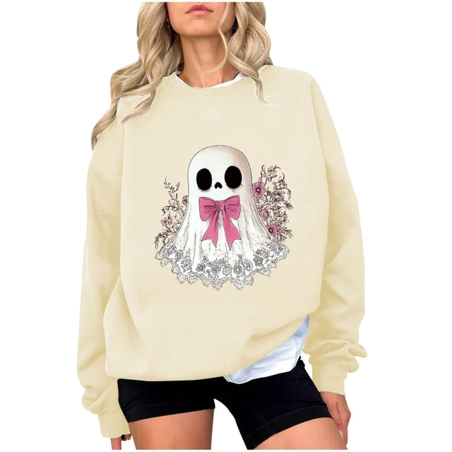 Chandail en Molleton Imprimé Fantôme pour Femmes Chandail Léger et Chaud Blouses Col Rond Manches Longues Ultra Doux Texturé Tenues de Printemps 2025 Chandail Automne Hiver Vêtements