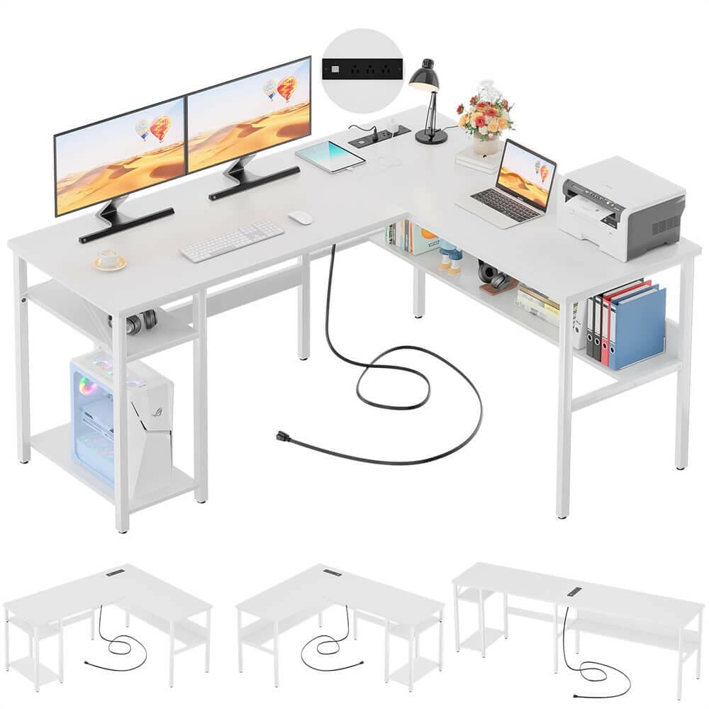 iSunirm Home Office L Shaped Desk with Magic Power Outlets and USB Charging Ports, 50.4"D x 42.5"W x 29"H, Storage Shelves, Reversible L Shaped Desk, Suitable for Students & Adults, White