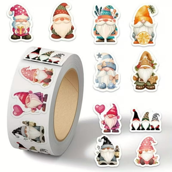 500 Pcs Gnome Theme Sticker Roll, Self-Adhesive Decorative Stickers for Scrapbooking, Journals, Gift Packaging, Cards & DIY Crafts | 1 Roll (3 cm × 6 cm)