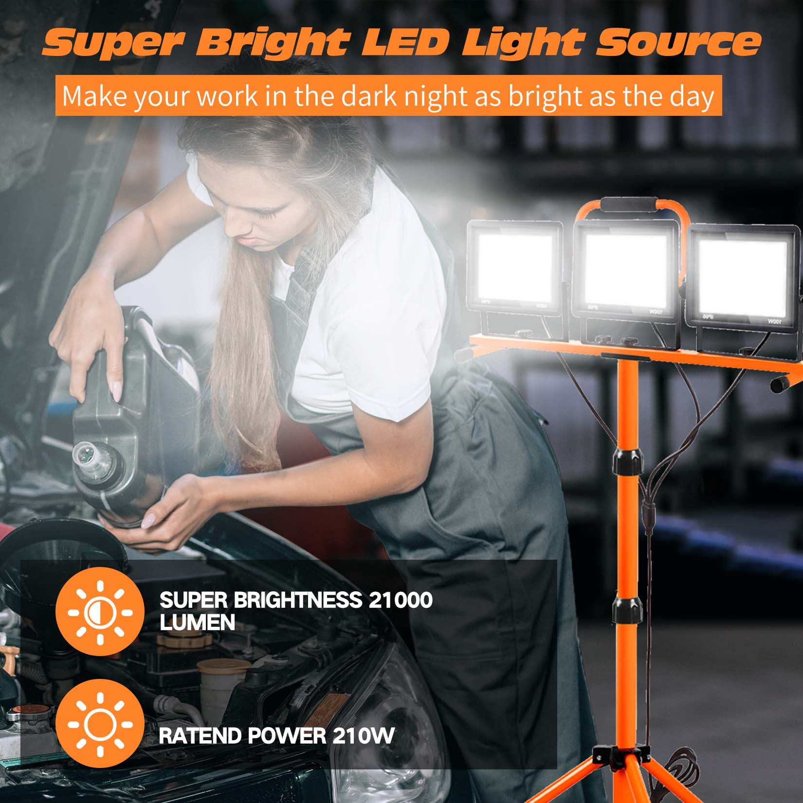 Scilulu 21000 Lumen Work Lights with Stand, 3 Adjustable Head LED Work Light, with Adjustable and Foldable Tripod Stand, Waterproof Lamp with 6500 Kelvin Color Temperature,Oringe