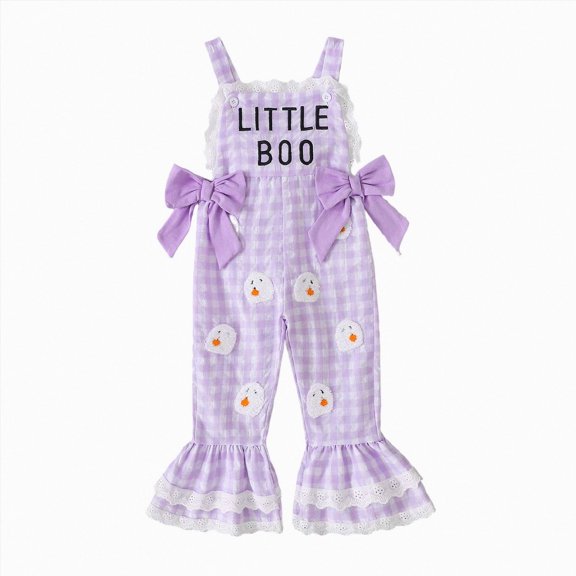 Baby Girl Halloween Outfit Toddler Overalls Pumpkin/Ghost Embroidery Romper Flared Suspender Pants for Girls