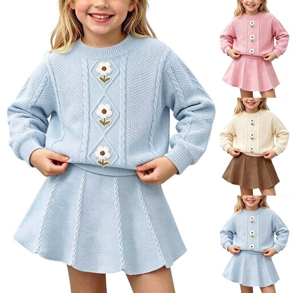 ITSAME Girls Outfit Two Piece Knit Crewneck Pullover Top and Skirt Fall Winter Fashion Casual Set Pink Size 6