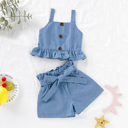 

DAETIROS Quick Drying Solid Suspender Baby Pleated Daily Ruffle Vest Girls Shorts Blue