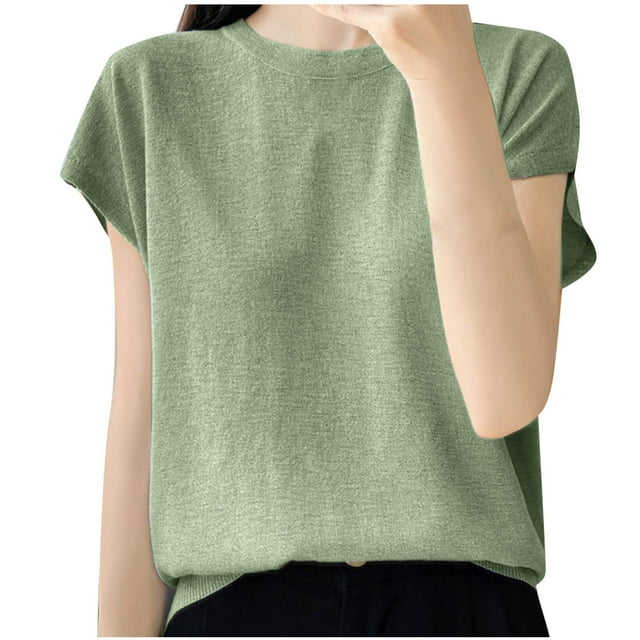 Hinvhai T-Shirts à Manches Courtes pour Femmes en Liquidation, Col Rond Léger, Hauts en Tricot Brillant Vert TTG(TTG)
