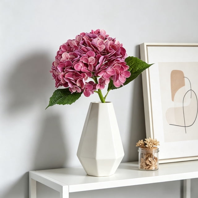 Artificial Hydrangea Flower, 49 cm Silk-Style Fake Bloom with Leaves, Realistic Home Wedding Table Centerpiece Decoration (1 Pack), Fade-Resistant, Water-Free