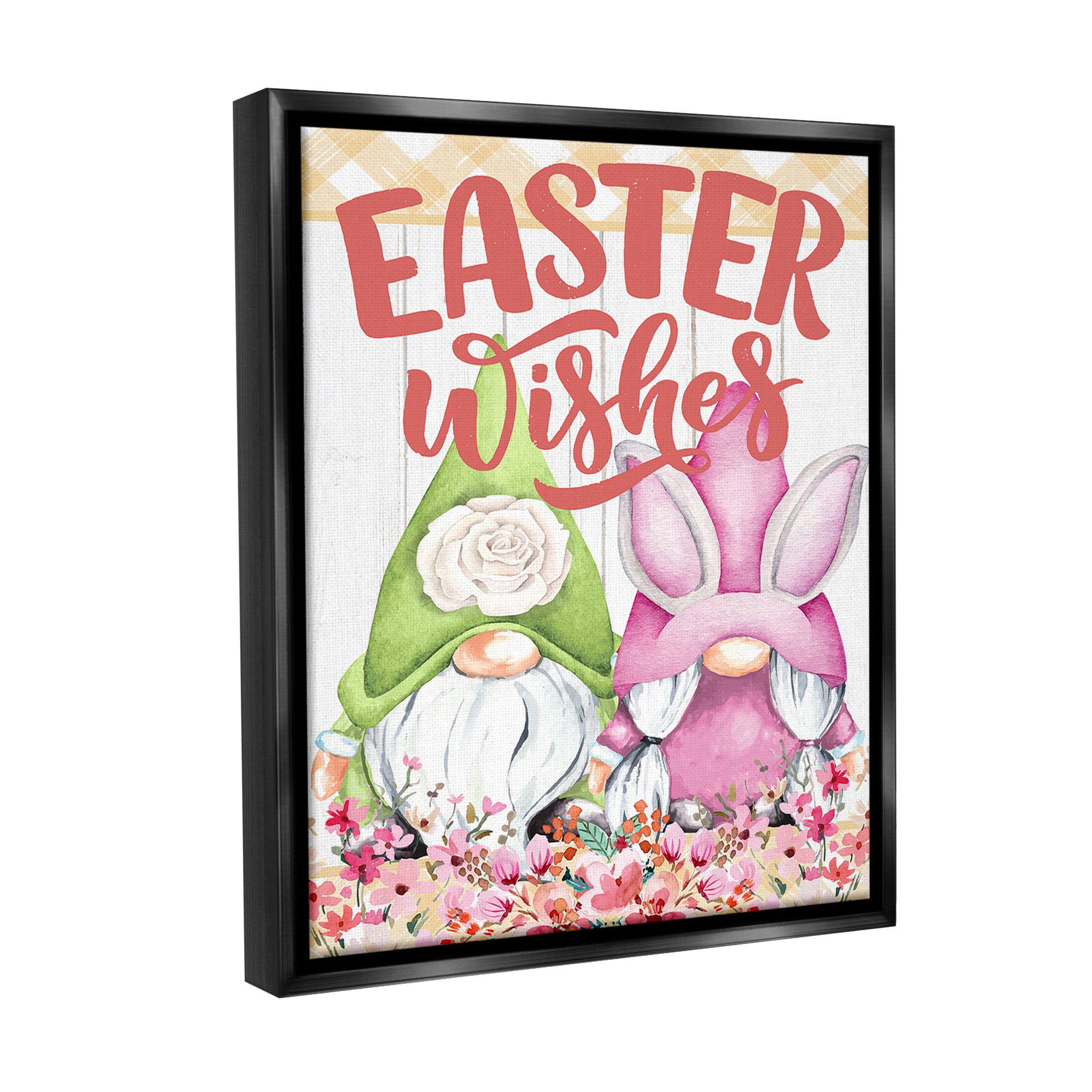 Stupell Industries Easter Wishes Gnomes Holiday Painting Black Floater Framed Canvas Art Print Wall Art, 25 x 31