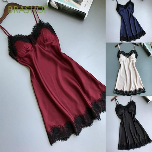 BRASHOP Hot Satin seda ropa de dormir mujeres Babydoll lencería nuevo Sexy pijamas conjunto de pestañas encaje camisón/Multicolorpangjing
