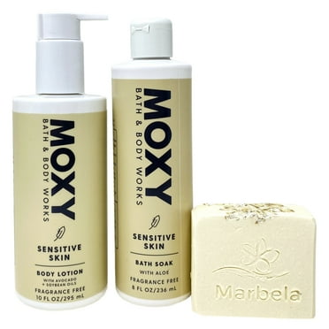 Bath & Body Works MOXY Sensitive Skin 2 Piece Value Pack with a Marbela Natural Oats Soap - Body Lotion and Bath Soak - Full Size