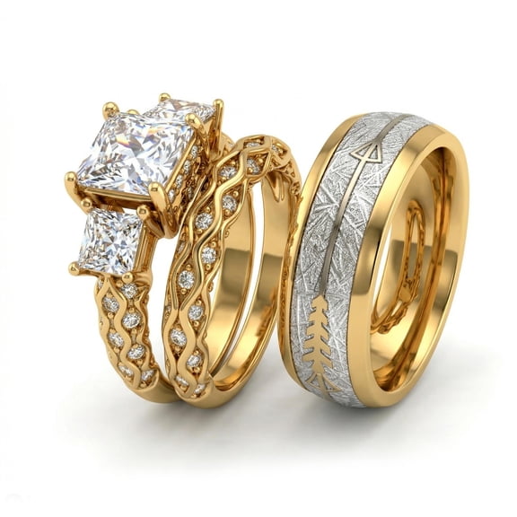 Couple Rings Matching Rings Yellow Gold Plated 2CT AAA CZ Three stone Women Wedding Ring Sets for Him and Her Rings Men Band
