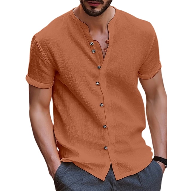 UKAP Mens T Shirt Stand Collar Tops Short Sleeve Shirts Solid Color Vacation Tee Orange M