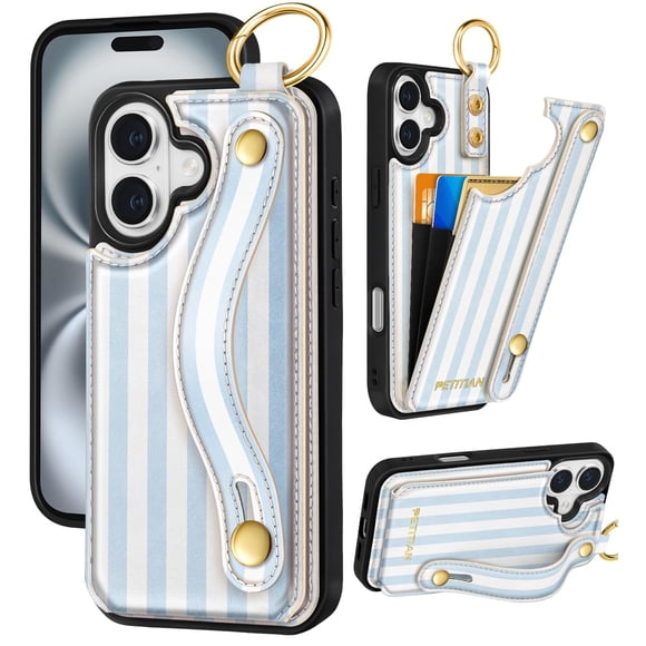 Funda Petitian para iPhone 16 Plus tipo cartera de piel azul