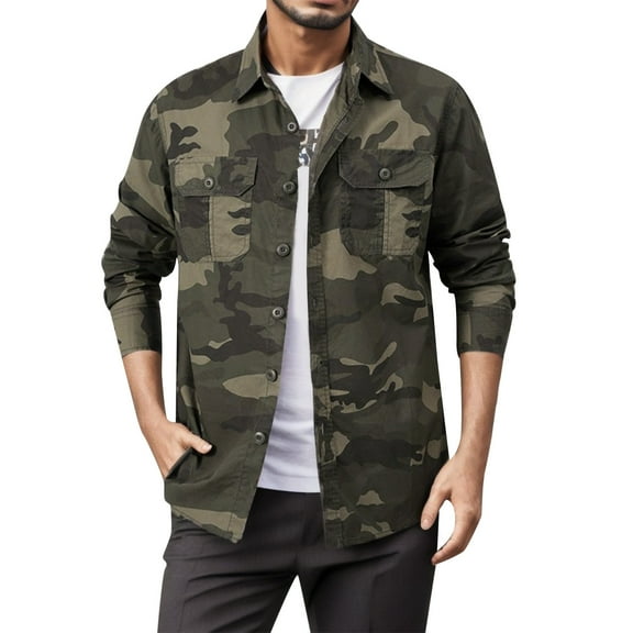 Rggeeun Mens Shirts Male Fashion Casual Lapel Long Sleeve Tooling Loose Outdoor Casual Camouflage Shirt Coat Leisure Tops